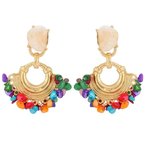 Zara Colorful Stones Beaded Druzy Hoop Earrings - Picture 1 of 8